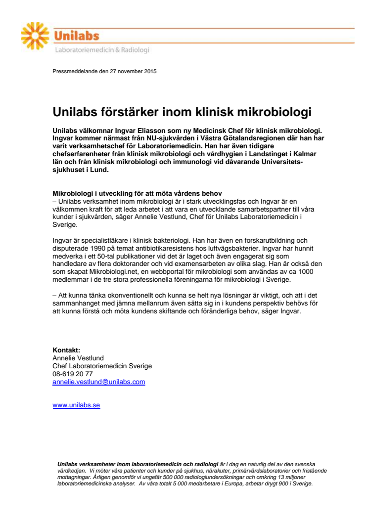 ​Unilabs förstärker inom klinisk mikrobiologi