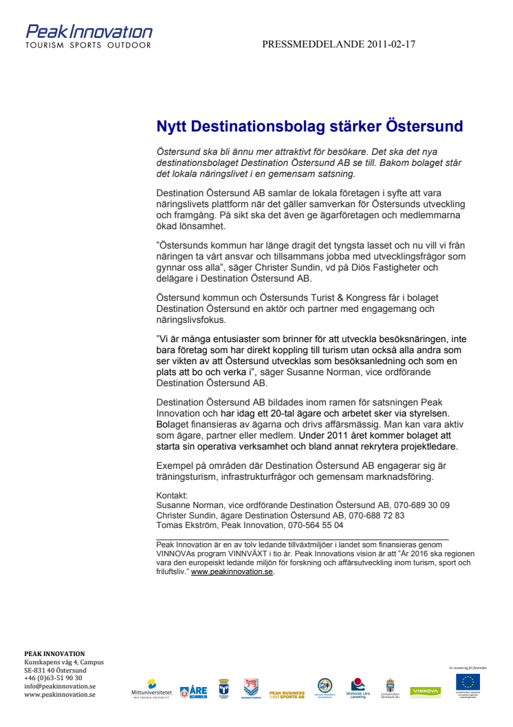 Nytt Destinationsbolag stärker Östersund