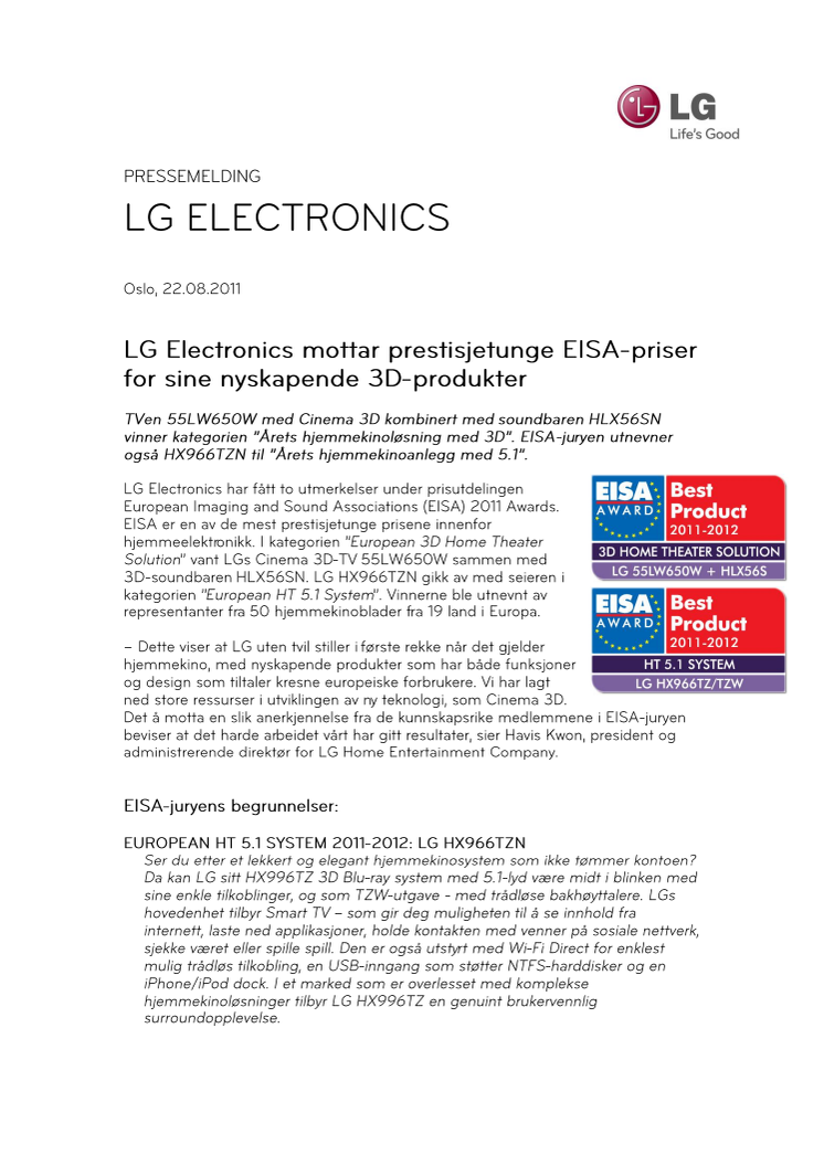 LG Electronics mottar prestisjetunge EISA-priser for sine nyskapende 3D-produkter