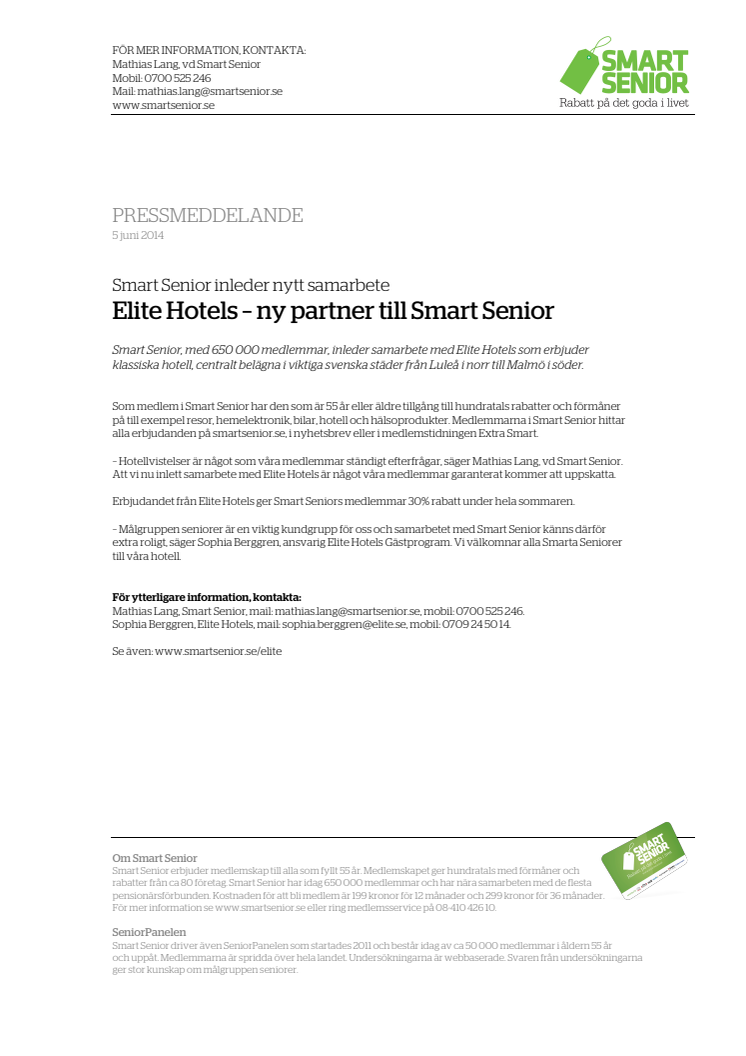 Smart Senior inleder samarbete med Elite Hotels