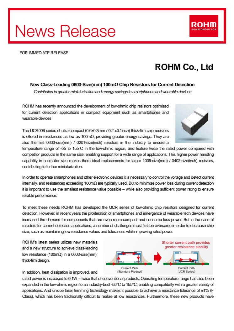 New Class-Leading 0603-Size(mm) 100mΩ Chip Resistors for Current Detection  -Contributes to greater miniaturization and energy savings in smartphones and wearable devices-