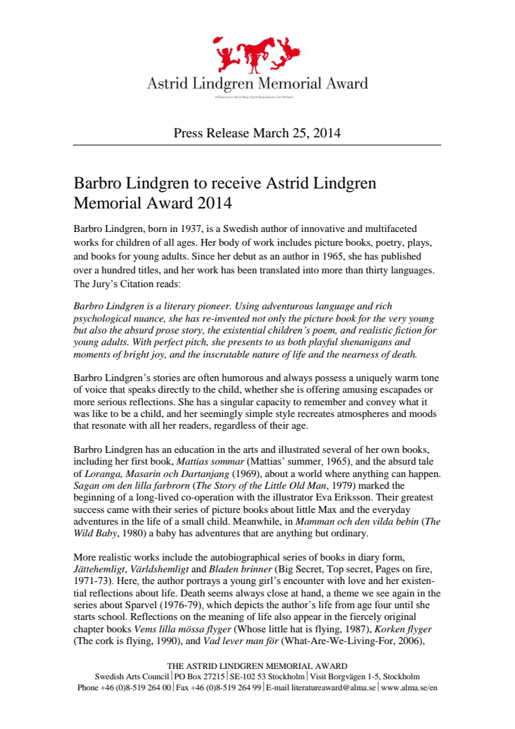 Barbro Lindgren to receive Astrid Lindgren Memorial Award 2014