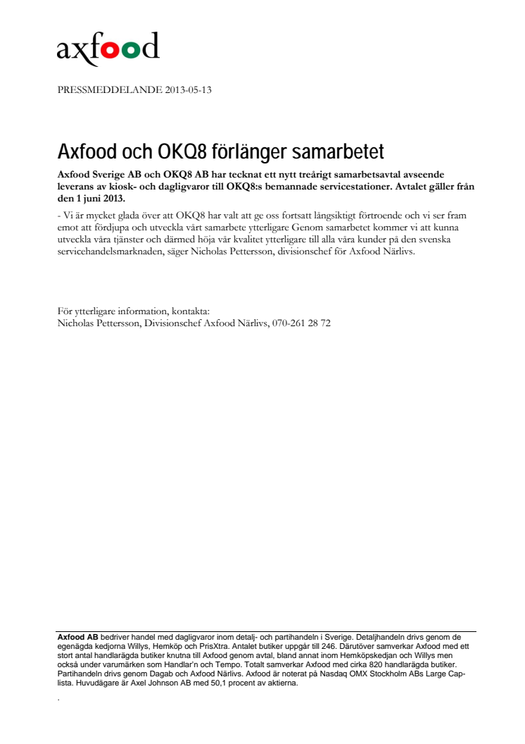 Axfood och OKQ8 förlänger samarbetet