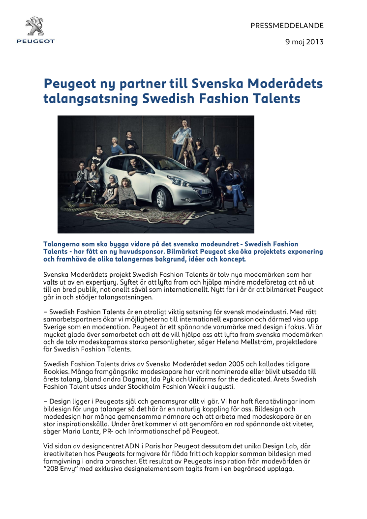Peugeot ny partner till Svenska Moderådets  talangsatsning Swedish Fashion Talents 