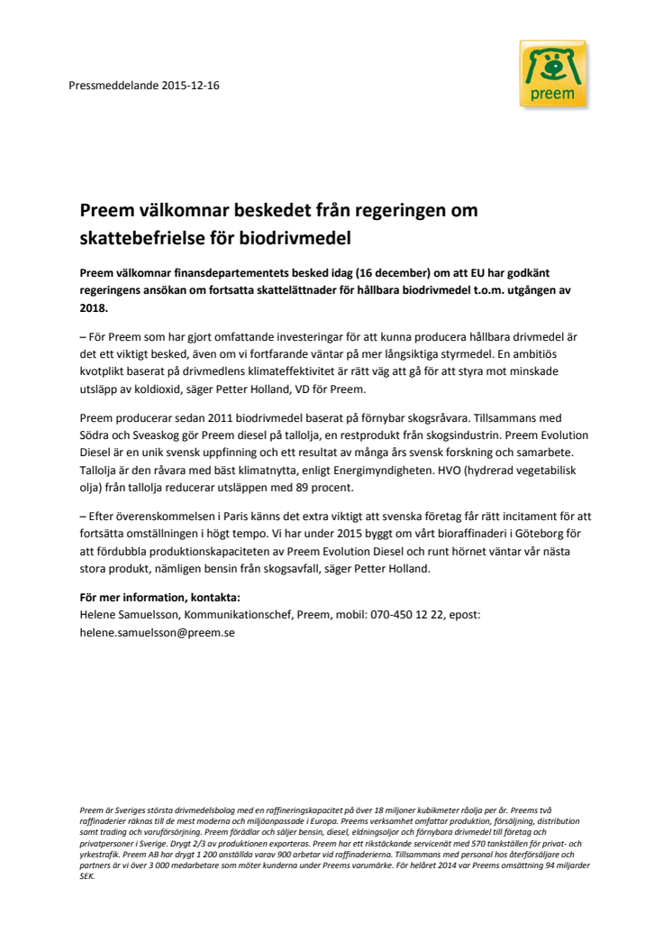 Preem välkomnar beskedet från regeringen om skattebefrielse för biodrivmedel
