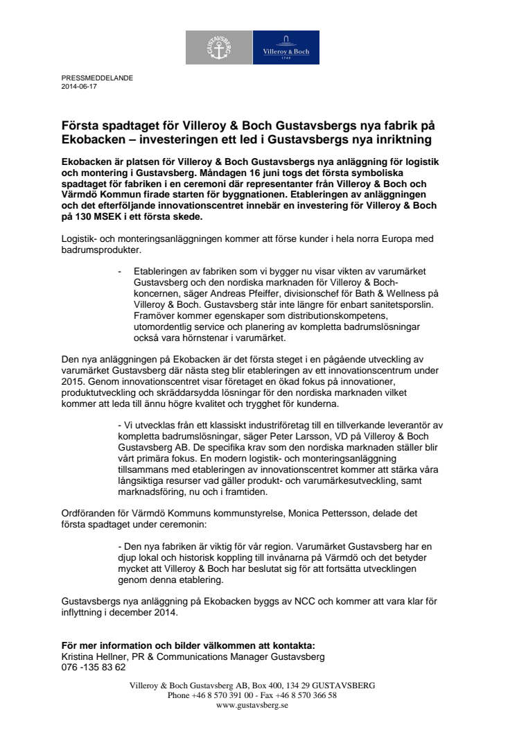 Första spadtaget för Villeroy & Boch Gustavsbergs nya fabrik på Ekobacken – investeringen ett led i Gustavsbergs nya inriktning