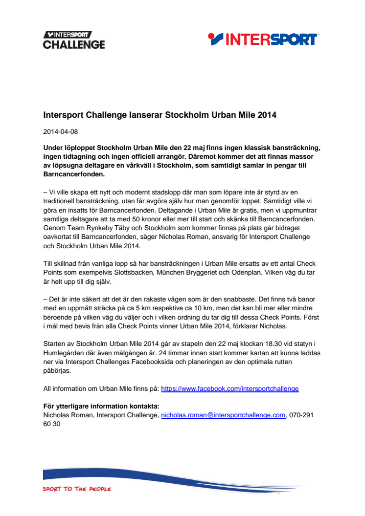 Intersport Challenge lanserar Stockholm Urban Mile 2014
