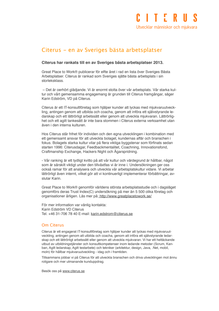 Citerus - en av Sveriges bästa arbetsplatser