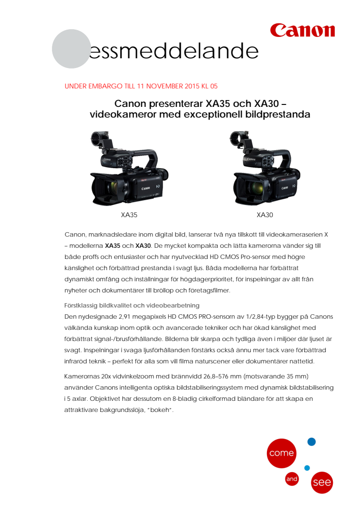 Canon presenterar XA35 och XA30 – videokameror med exceptionell bildprestanda