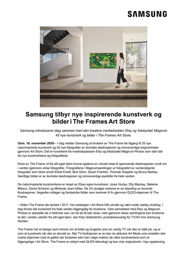 Samsung tilbyr nye inspirerende kunstverk og bilder i The Frames Art Store