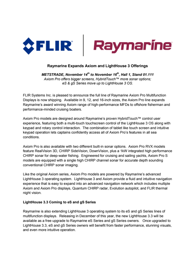 Raymarine - METSTRADE: Raymarine Expands Axiom and LightHouse 3 Offerings