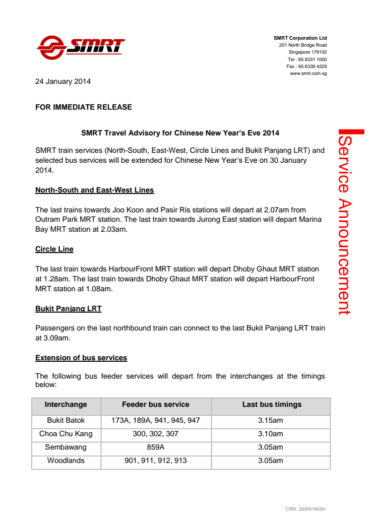 SMRT Travel Advisory for Chinese New Year’s Eve 2014