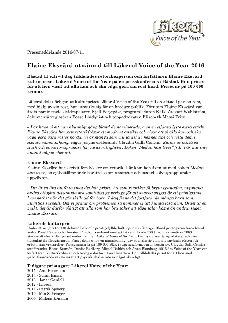 Elaine Eksvärd utnämnd till Läkerol Voice of the Year 2016