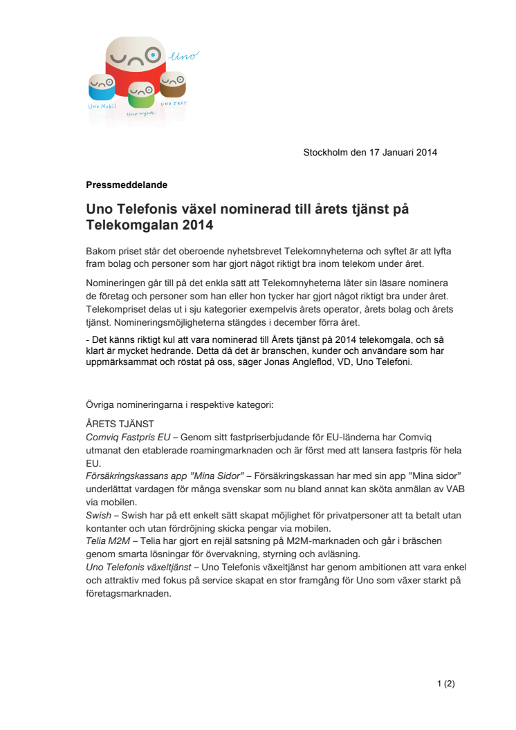 Uno Telefonis växel nominerad till årets tjänst på Telekomgalan 2014