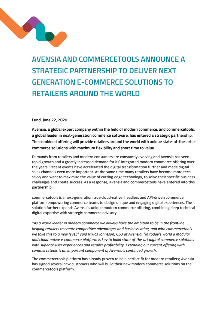 Avensia and commercetools announce strategic partnership to deliver next generation e-commerce solutions to retailers around the world