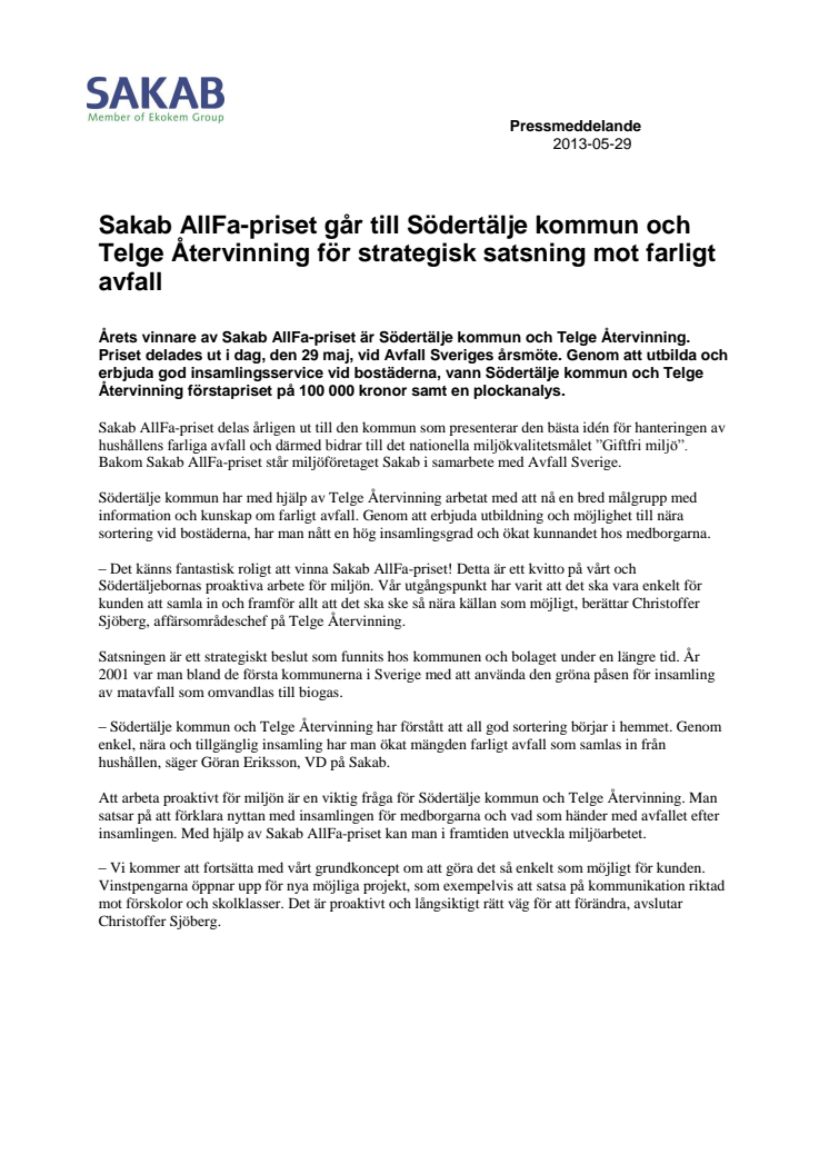Sakab AllFa-priset går till Södertälje kommun och Telge Återvinning för strategisk satsning mot farligt avfall