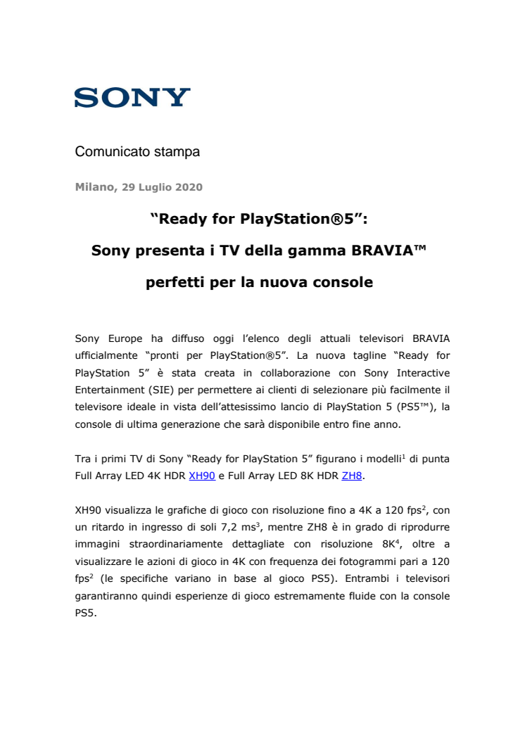 “Ready for PlayStation®5”:  Sony presenta i TV della gamma BRAVIA™ perfetti per la nuova console 