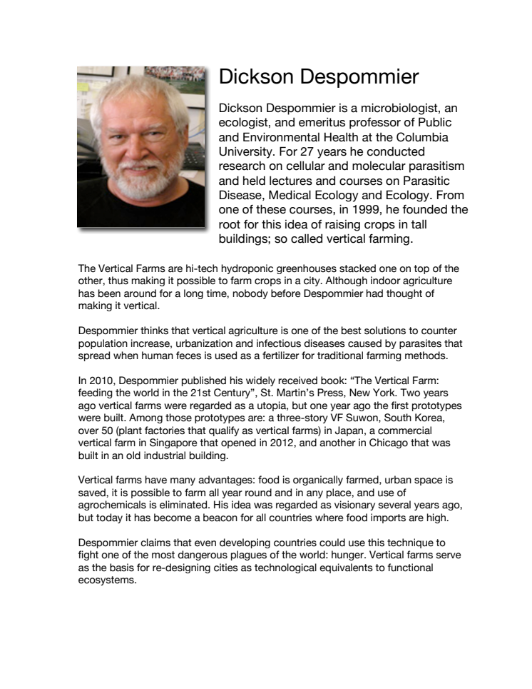 BIO of Dr. Dickson Despommier - speaker at the Urban Agriculture Summit 2013