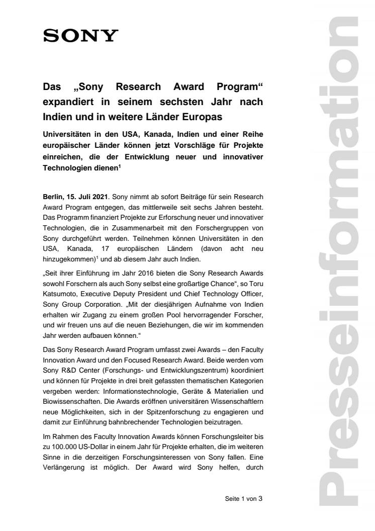 Das „Sony Research Award Program“ expandiert in seinem sechsten Jahr nach Indien und in weitere Länder Europas