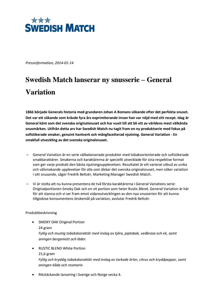 Swedish Match lanserar ny snusserie – General Variation 
