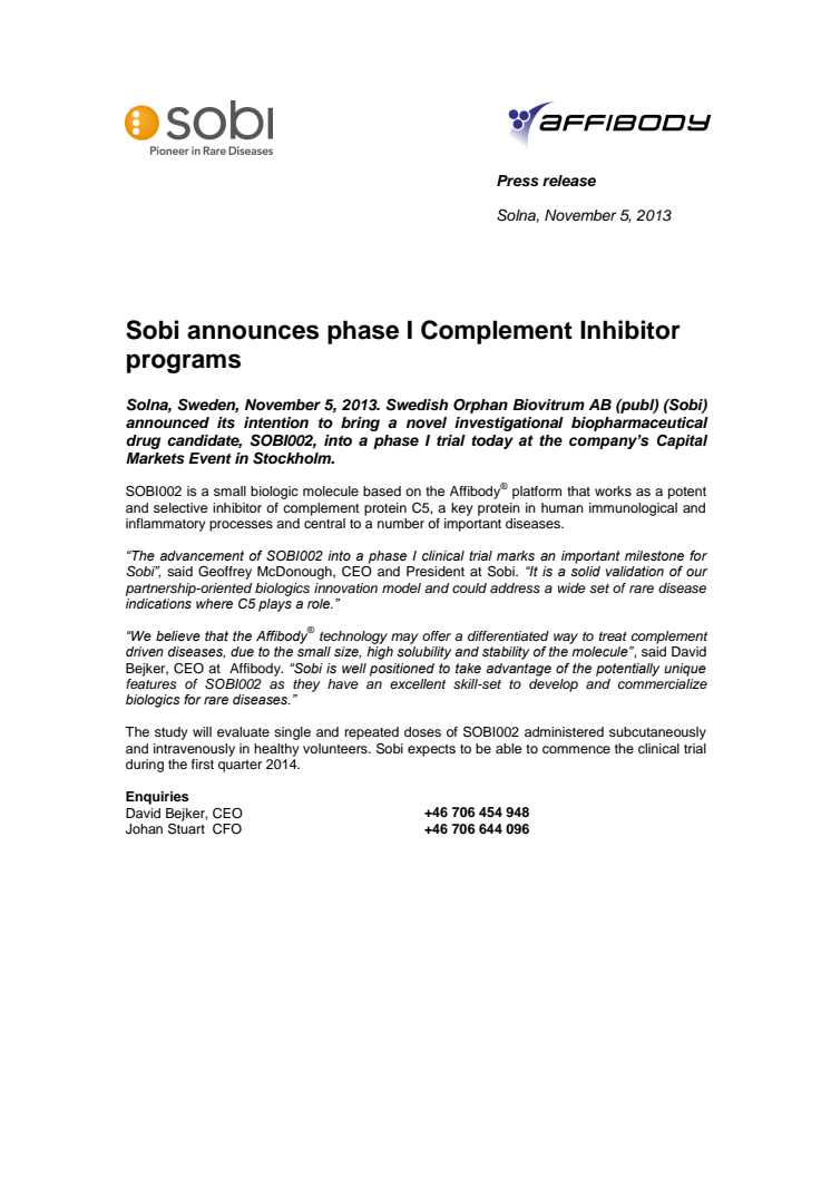 Sobi announces phase I Complement Inhibitor program 