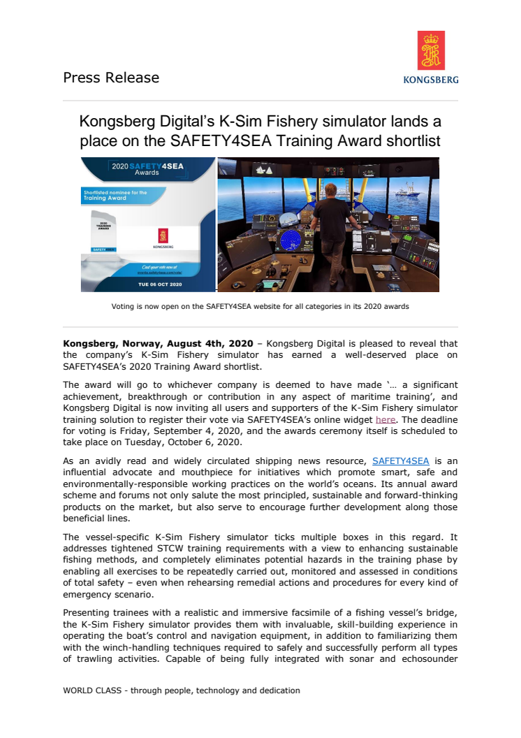 Kongsberg Digital’s K-Sim Fishery simulator lands a place on the SAFETY4SEA Training Award shortlist