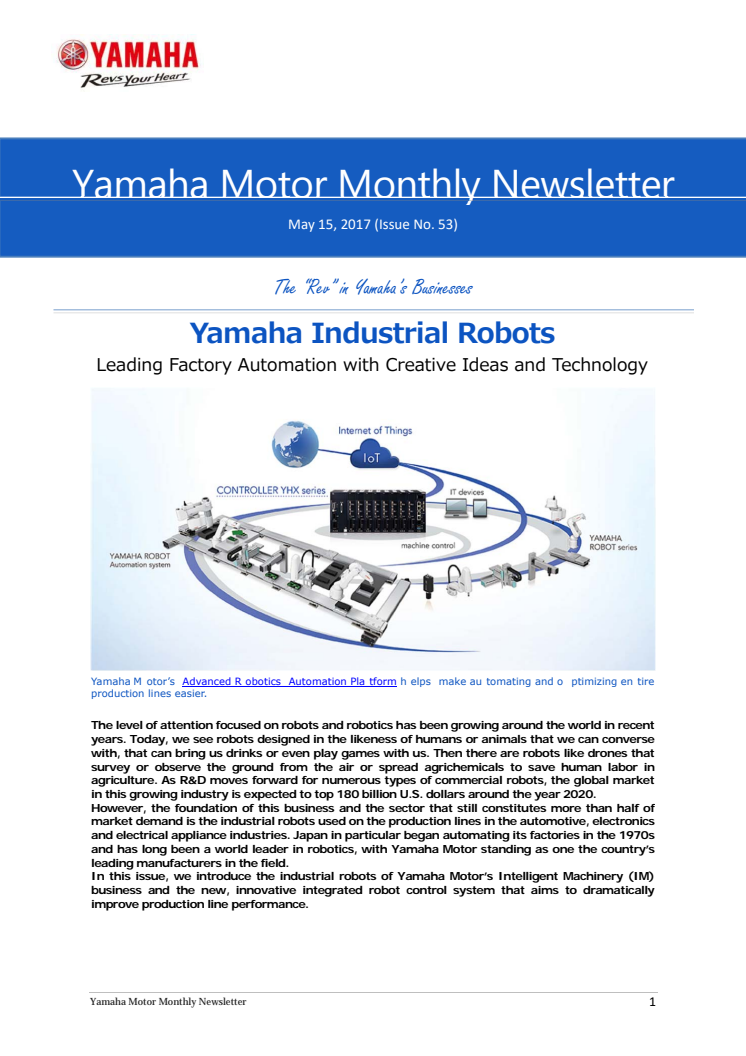 Yamaha Industrial Robots -Yamaha Motor Monthly Newsletter（May.15, 2017 No.53)-