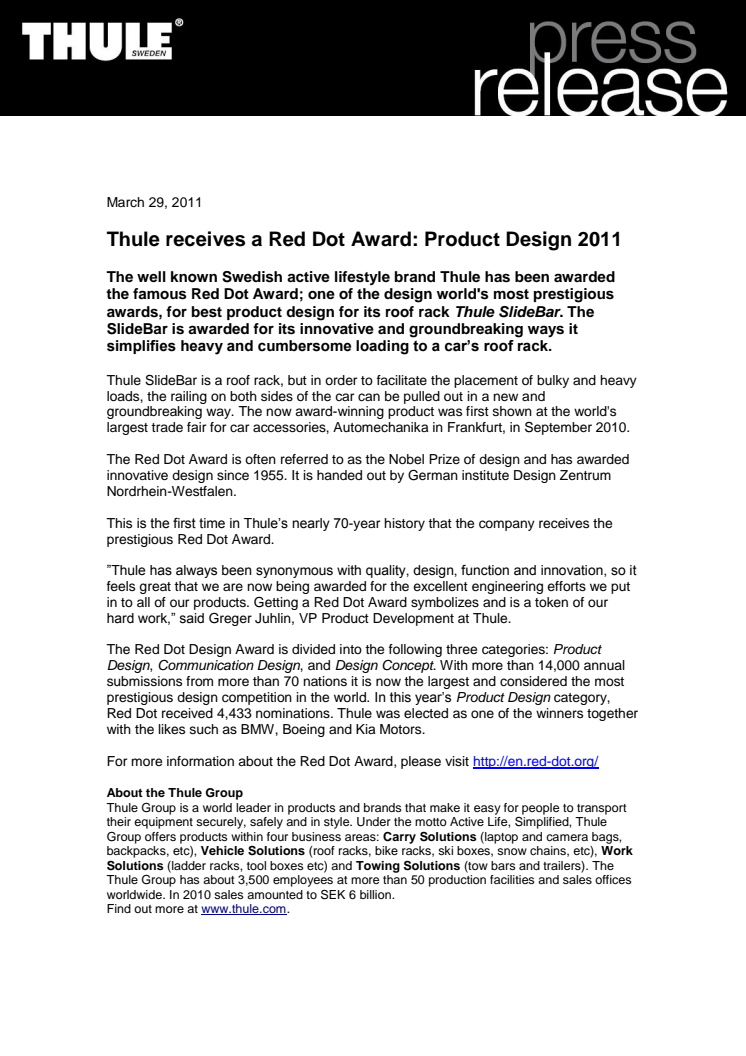 Thule receives a Red Dot Award: Product Design 2011