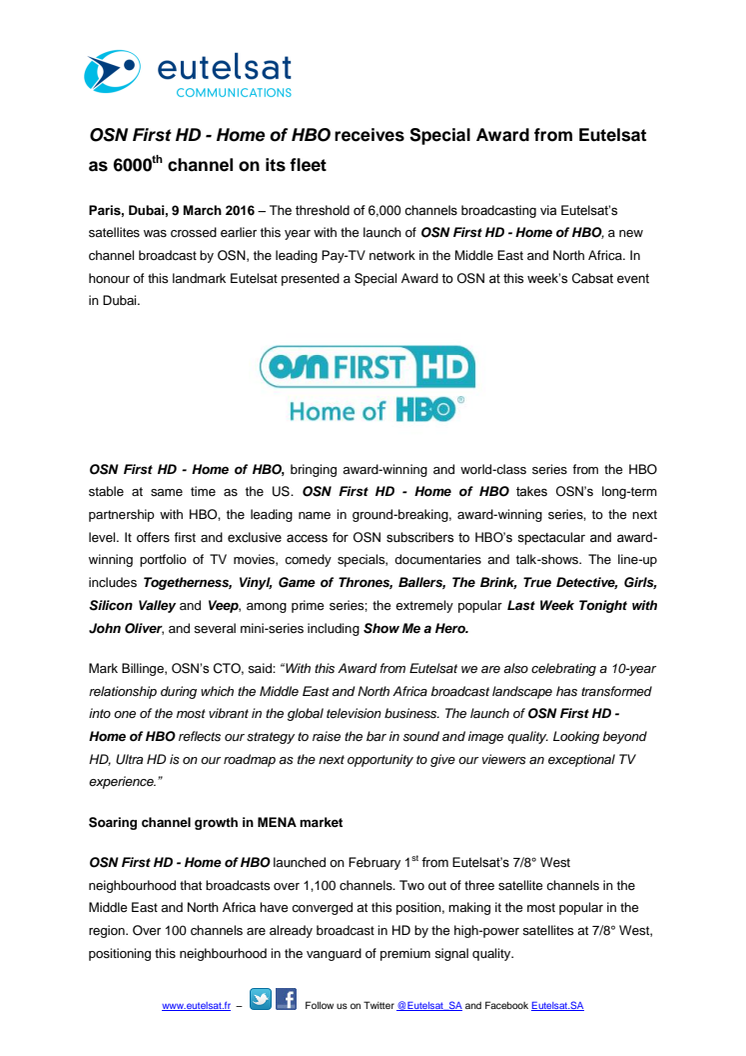 ​OSN First HD - Home of HBO receives Special Award from Eutelsat as 6000th channel on its fleet 