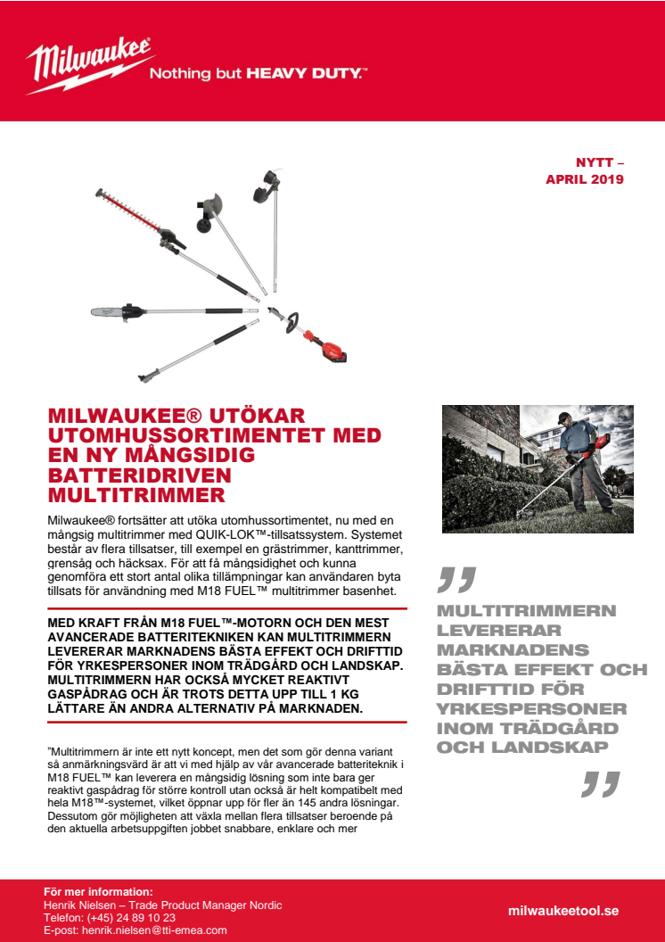 Milwaukee® utökar utomhussortimentet med batteridriven och mångsidig multitrimmer