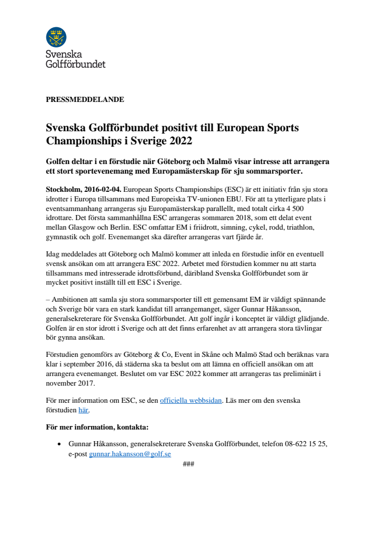 Svenska Golfförbundet positivt till European Sports Championships i Sverige 2022