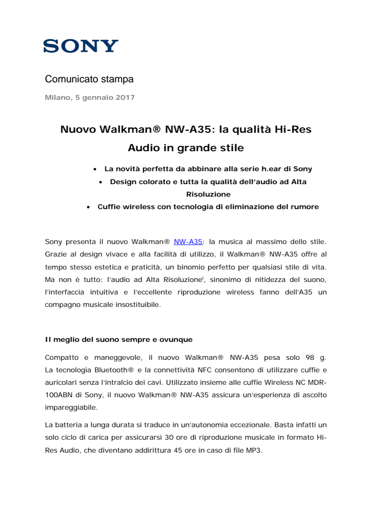 Nuovo Walkman® NW-A35: la qualità Hi-Res Audio in grande stile