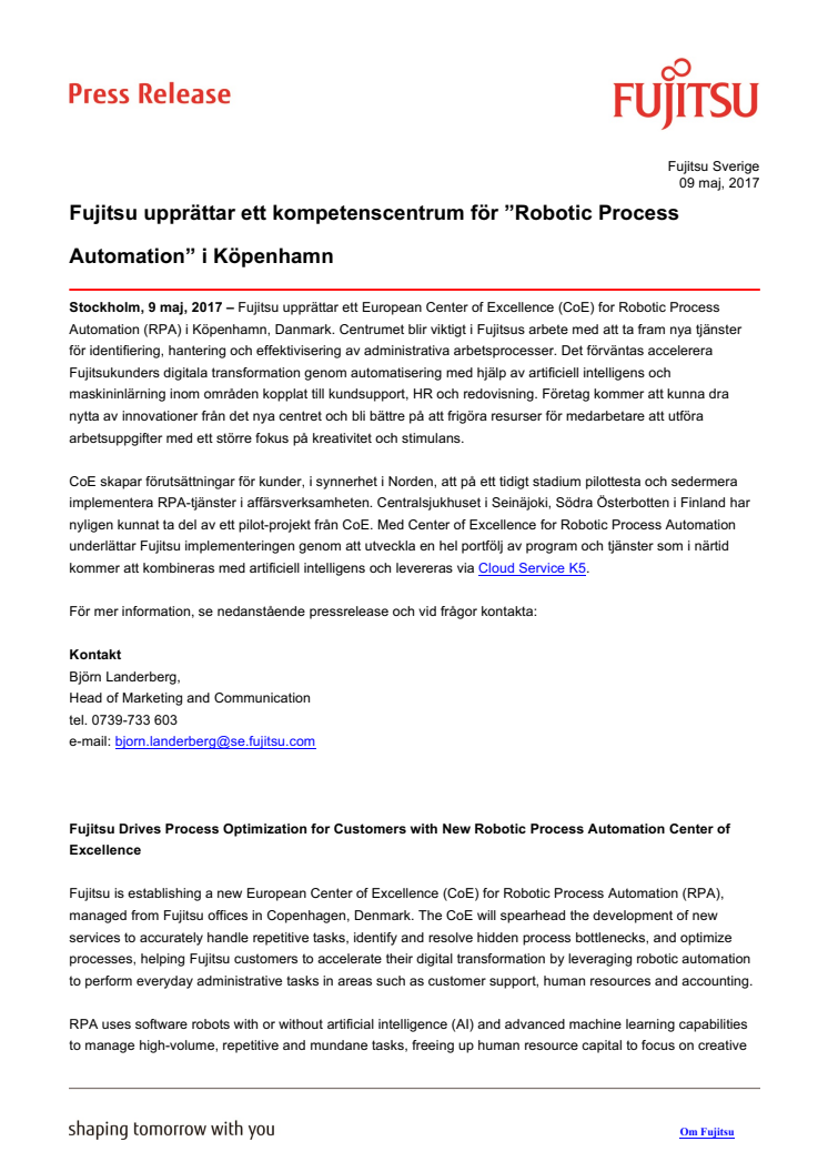 Fujitsu upprättar ett kompetenscentrum för ”Robotic Process Automation” i Köpenhamn 