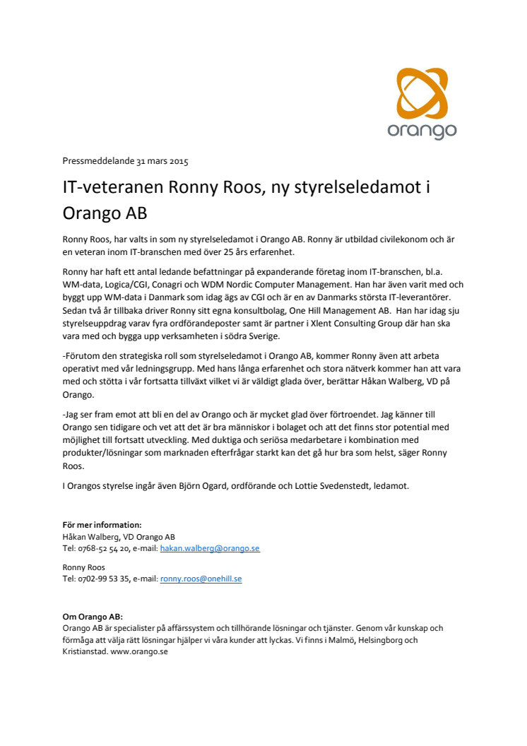 IT-veteranen Ronny Roos, ny styrelseledamot i Orango AB