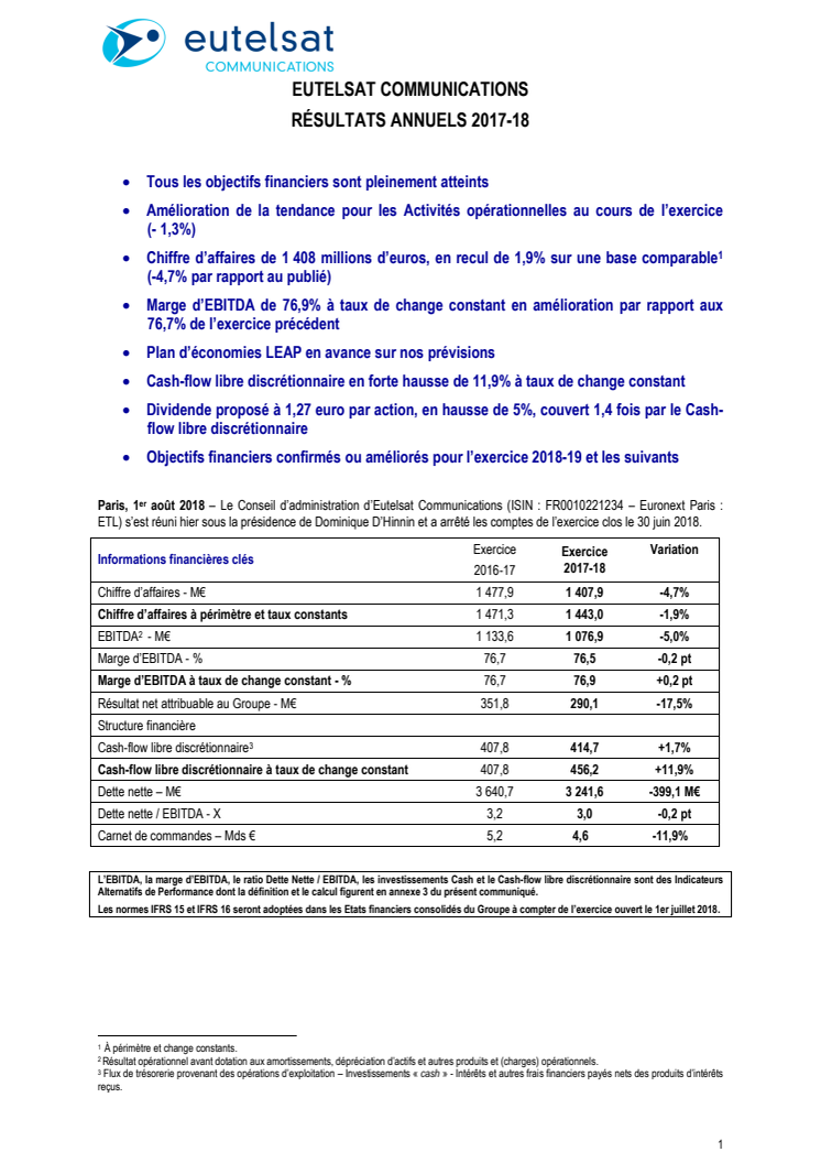 EUTELSAT COMMUNICATIONS RÉSULTATS ANNUELS 2017-18