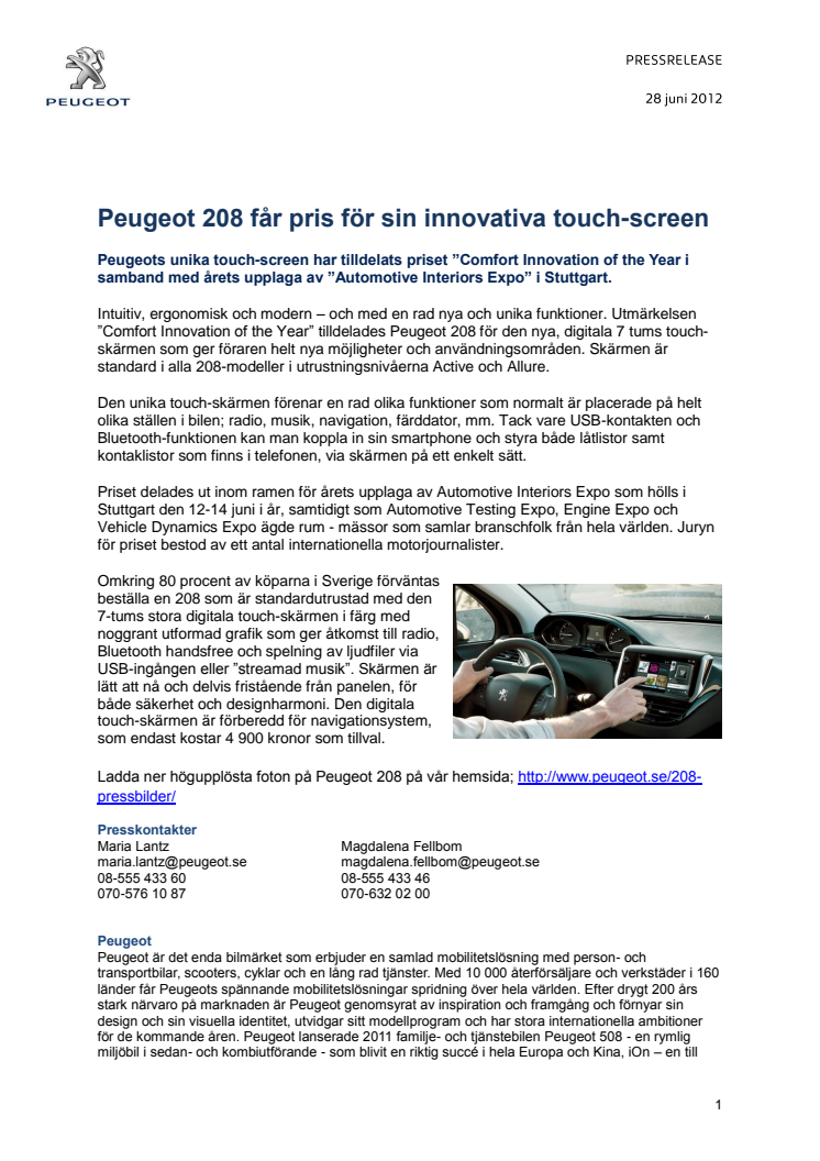 Peugeot 208 får pris för sin innovativa touch-screen