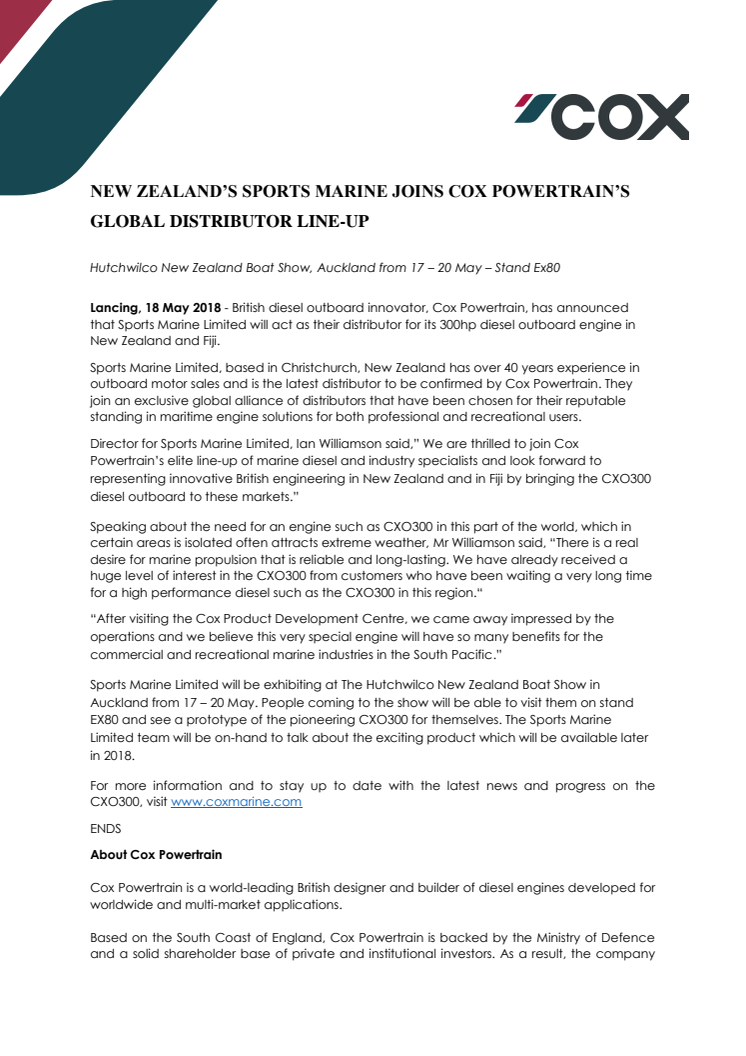 Cox Powertrain: New Zealand's Sports Marine Joins Cox Powertrain's Global Distributor Line-Up