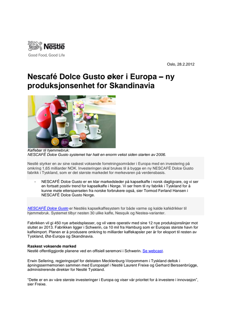 Nescafé Dolce Gusto øker i Europa - ny produksjonsenhet for Skandinavia 