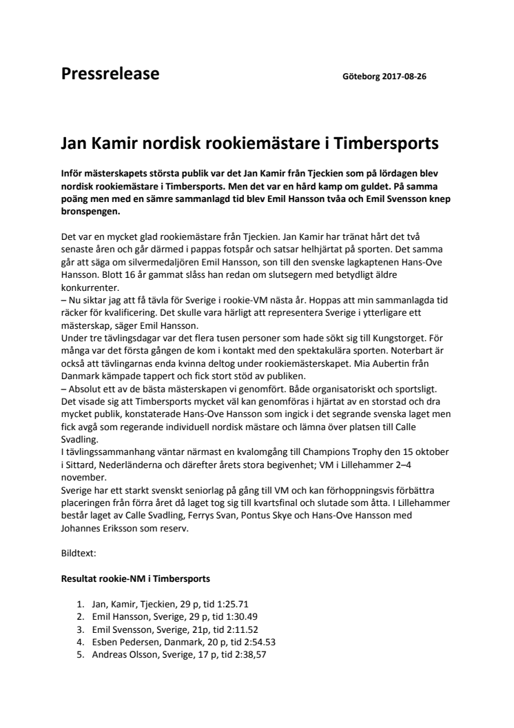 Jan Kamir nordisk rookiemästare i Timbersports