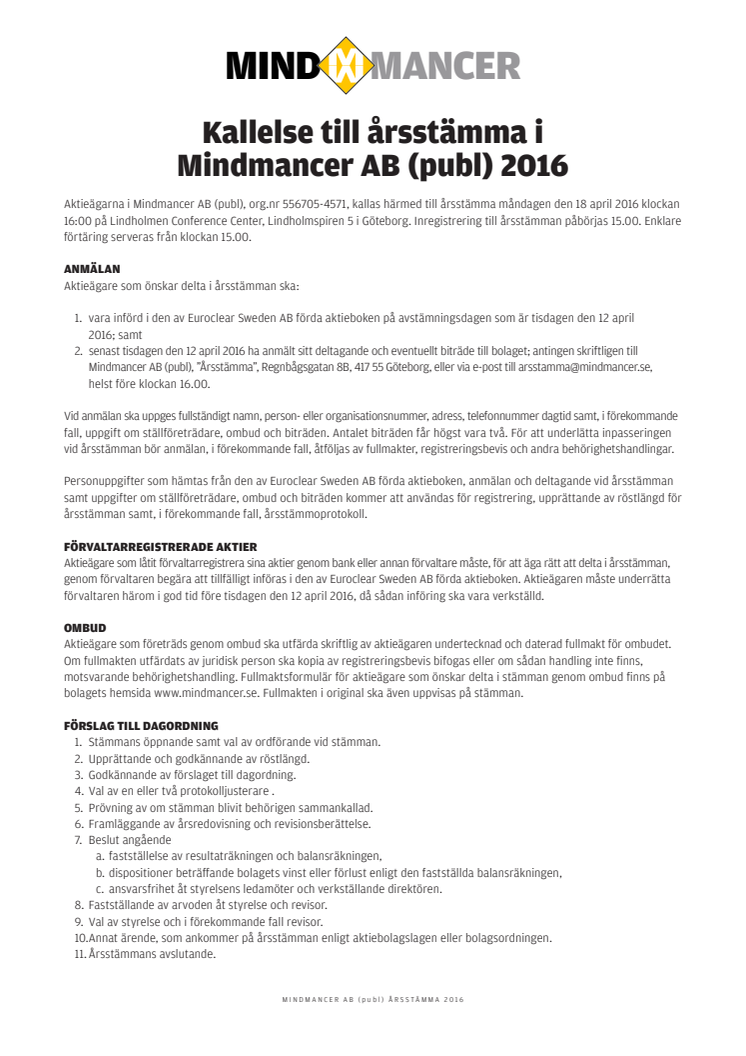 Kallelse till årsstämma i Mindmancer AB (publ) den 18 april