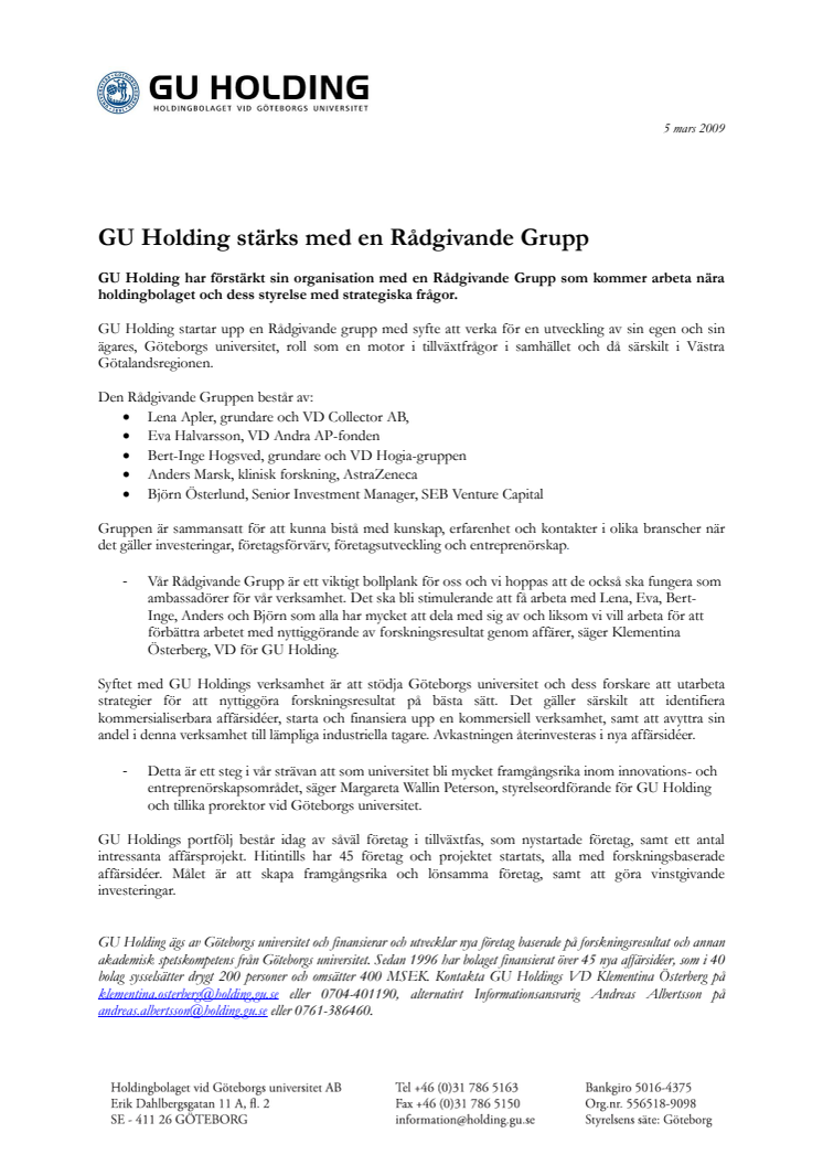 GU Holding stärks med en Rådgivande Grupp 