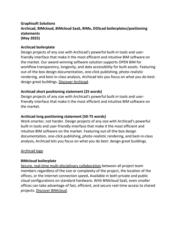 Archicad, BIMcloud, BIMcloud SaaS, BIMx, DDScad boilerplates, positioning statements, logos
