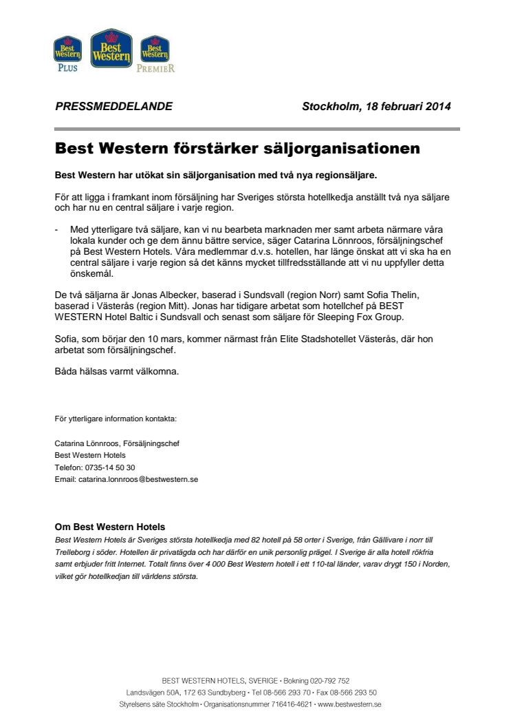 Best Western förstärker säljorganisationen