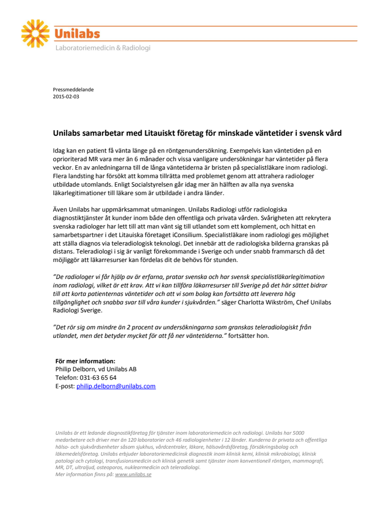 Unilabs samarbetar med Litauiskt företag för minskade väntetider i svensk vård