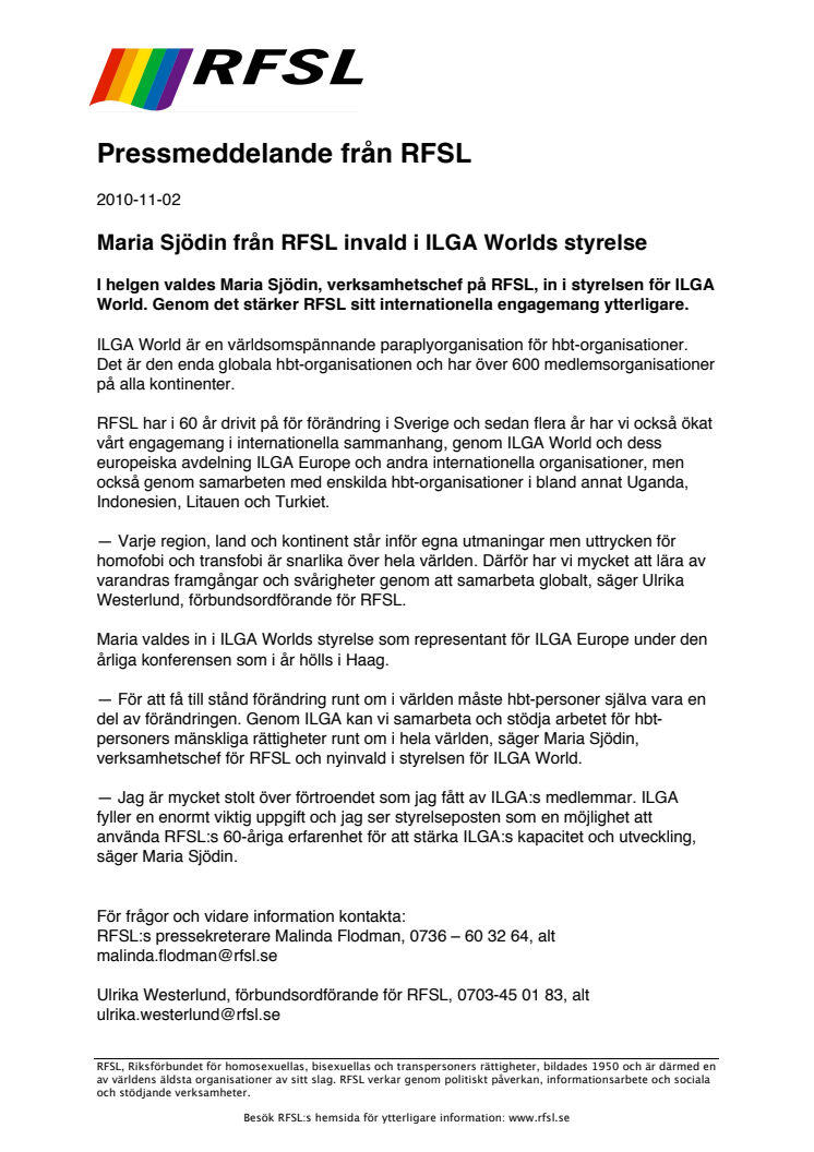 Maria Sjödin från RFSL invald i ILGA Worlds styrelse