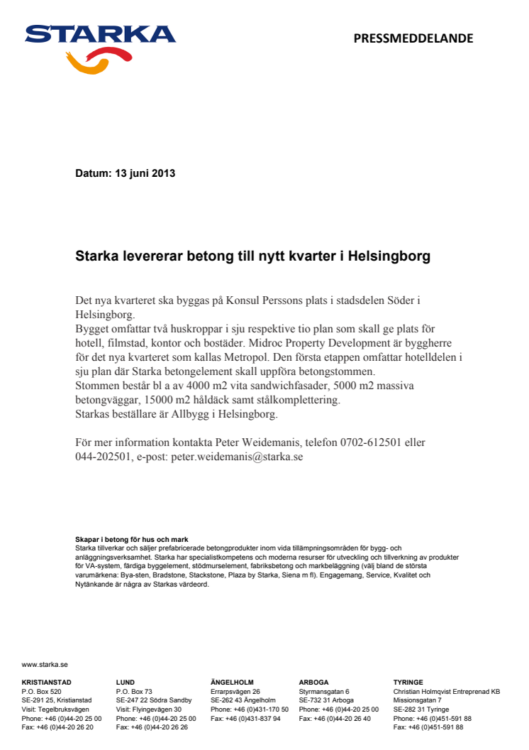 Starka levererar betongelement till nytt kvarter i Helsingborg