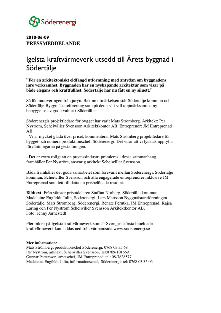 Igelsta kraftvärmeverk utsedd till Årets byggnad i Södertälje