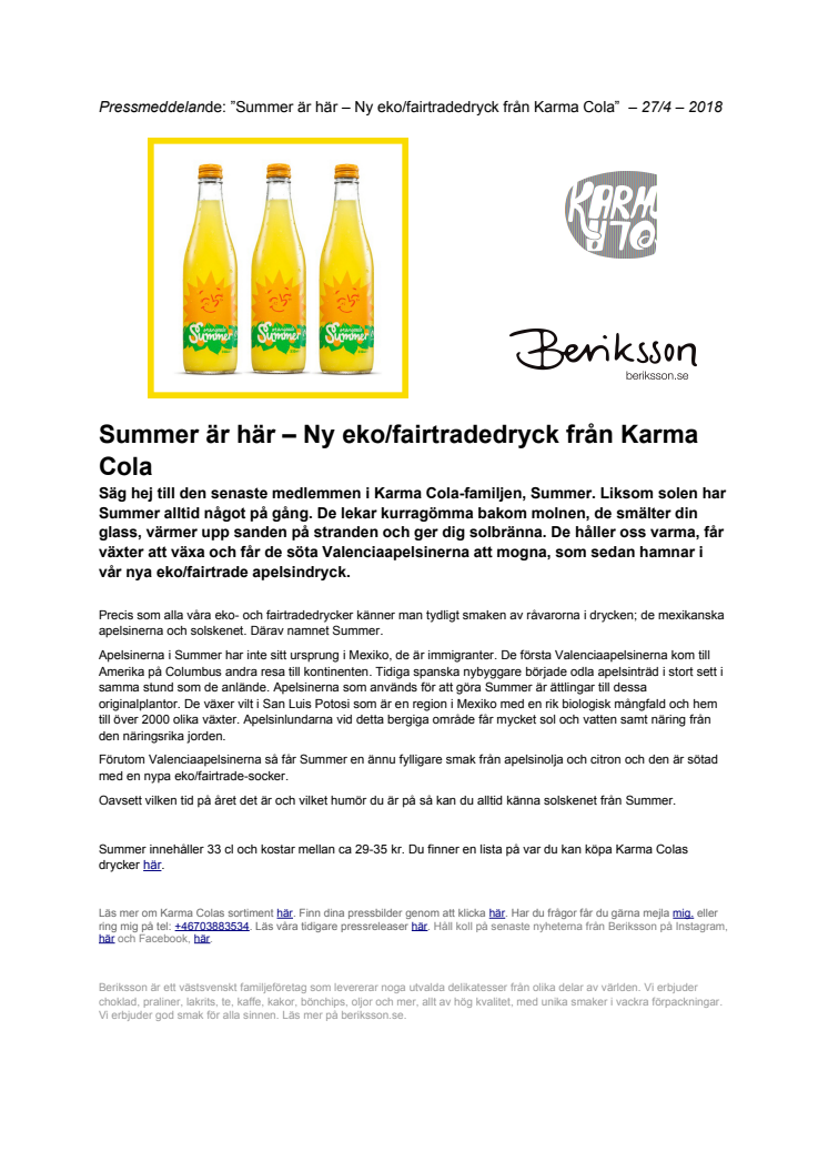 Summer är här – Ny eko/fairtradedryck från Karma Cola