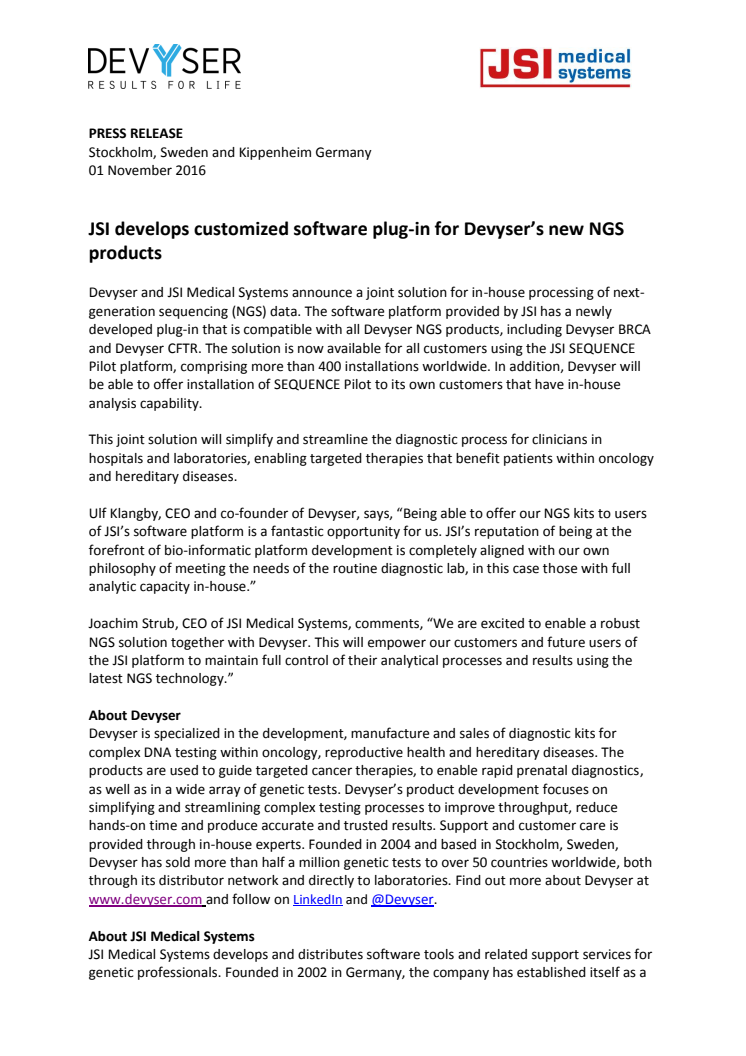 JSI develops customized software plug-in for Devyser’s new NGS products