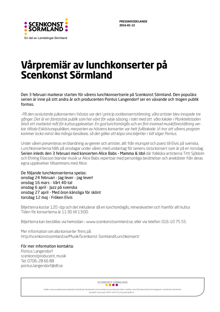 Vårpremiär av lunchkonserter på Scenkonst Sörmland